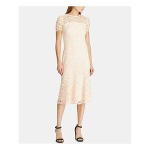 Lauren Ralph Lauren Lace Cocktail Dress 12 Blush Pink Lace Midi Short Sleeves